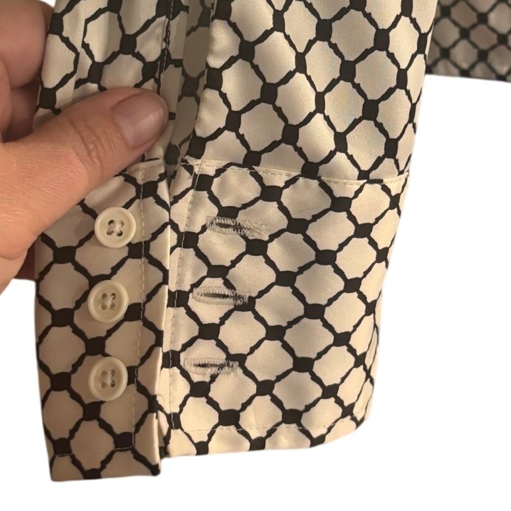 Petite Sophisticate Vintage Black White Geometric Lattice Button Down Blouse 12P - Picture 3 of 9